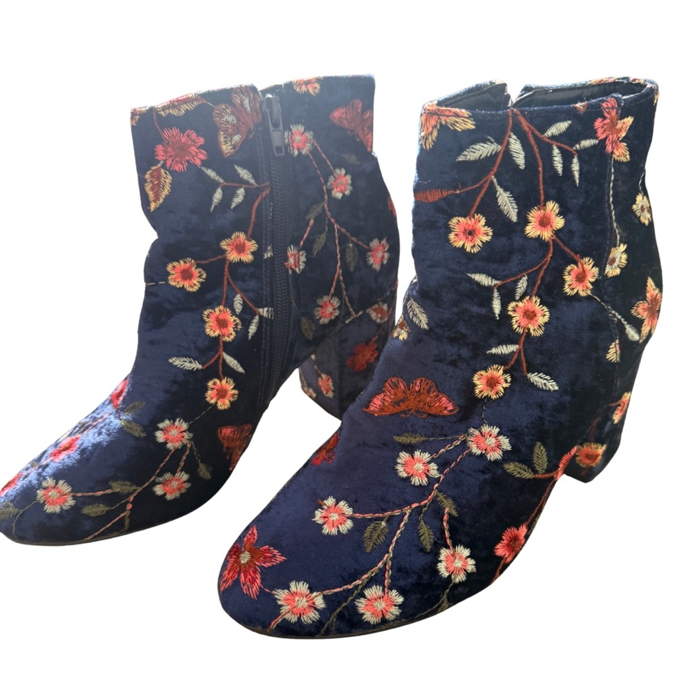 Women’s Navy Floral Embroidered Velvet Ankle Boots